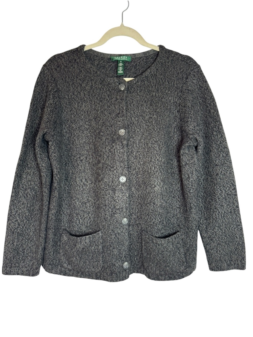 Lauren Ralph Lauren Wool Silk Blend Gray Button-Front Knit 1X Cardigan Sweater